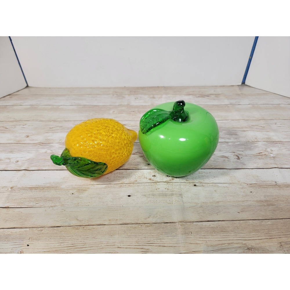 Vintage Hand Blown Art Glass Green Apple Yellow Lemon Murano Style Paperweights